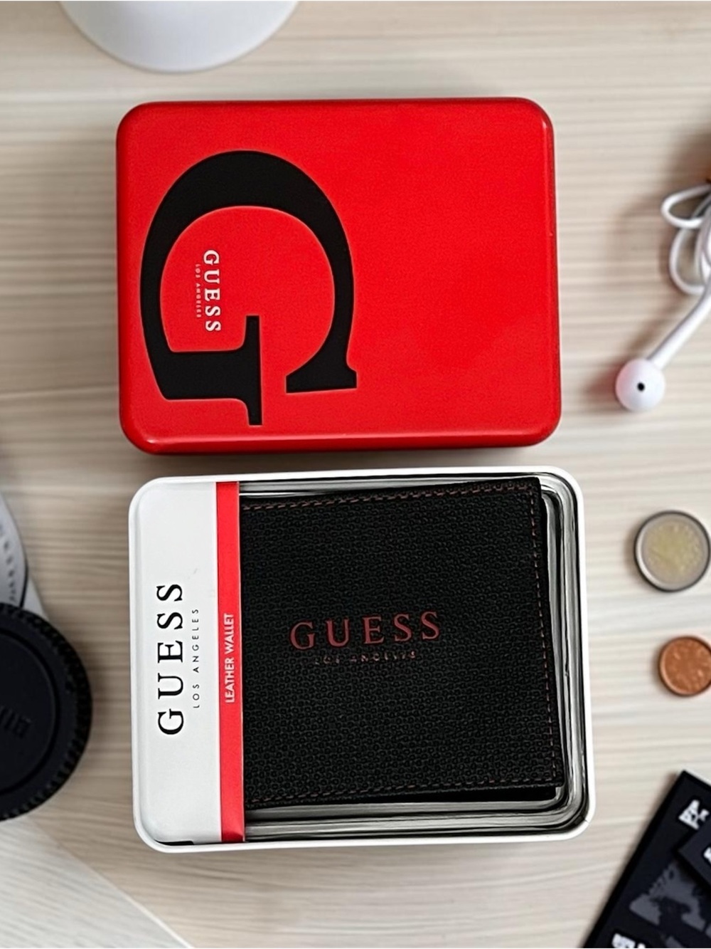 Guess Black Leather Card Holder with Red Logo and Red Tin